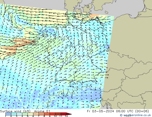 wiatr 10 m (bft) Arome 01 pt. 03.05.2024 06 UTC