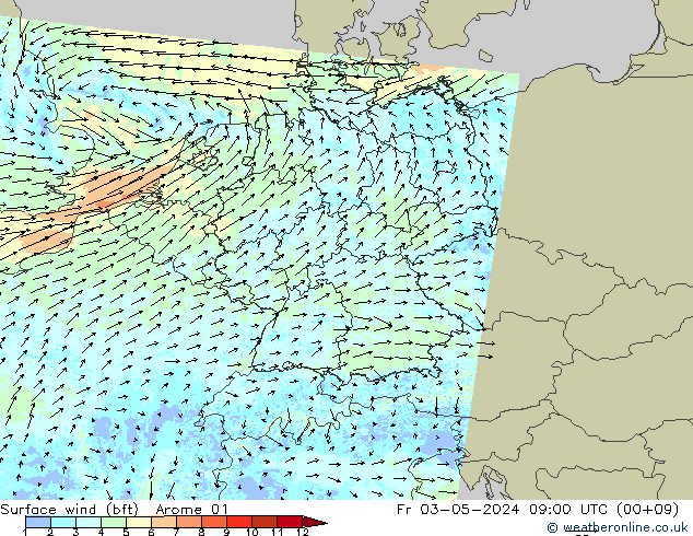 Wind 10 m (bft) Arome 01 vr 03.05.2024 09 UTC