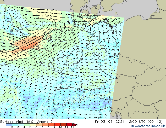 Wind 10 m (bft) Arome 01 vr 03.05.2024 12 UTC