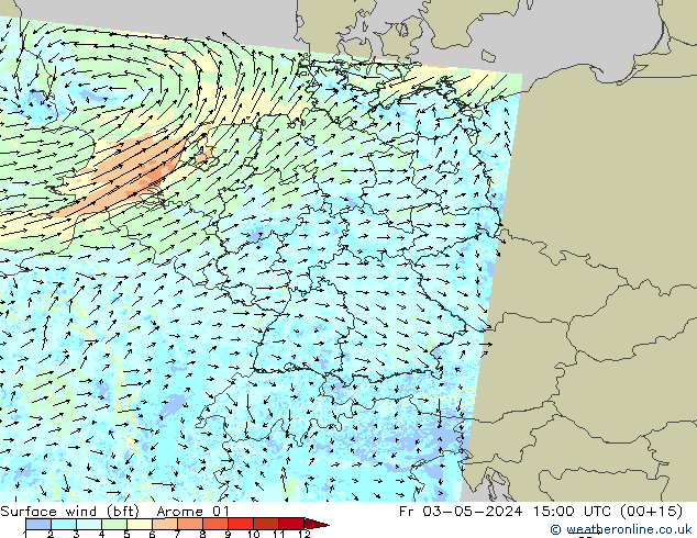 Vento 10 m (bft) Arome 01 ven 03.05.2024 15 UTC