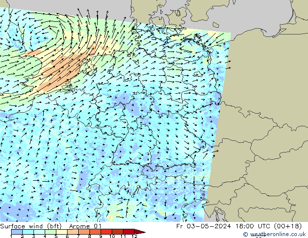Rüzgar 10 m (bft) Arome 01 Cu 03.05.2024 18 UTC