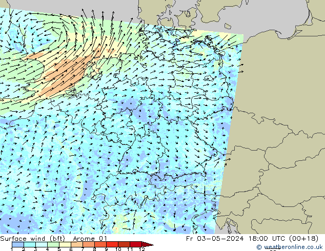 Viento 10 m (bft) Arome 01 vie 03.05.2024 18 UTC