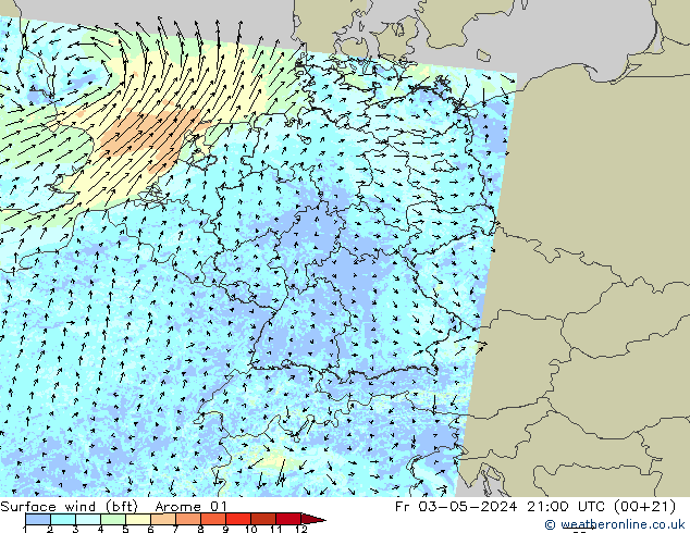 Bodenwind (bft) Arome 01 Fr 03.05.2024 21 UTC