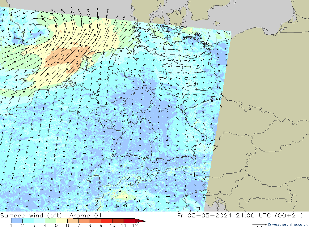 Wind 10 m (bft) Arome 01 vr 03.05.2024 21 UTC