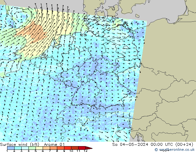 wiatr 10 m (bft) Arome 01 so. 04.05.2024 00 UTC