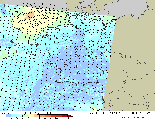 wiatr 10 m (bft) Arome 01 so. 04.05.2024 06 UTC