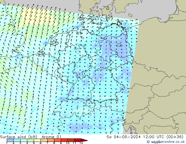 wiatr 10 m (bft) Arome 01 so. 04.05.2024 12 UTC