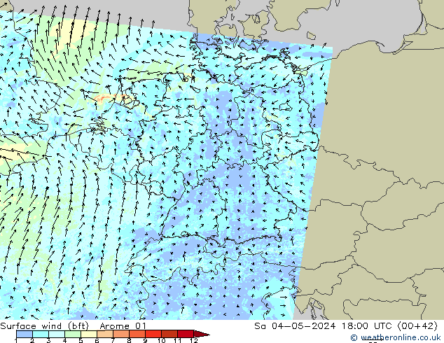 Wind 10 m (bft) Arome 01 za 04.05.2024 18 UTC