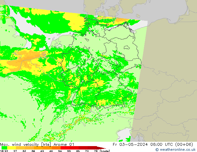 Max. wind velocity Arome 01 Fr 03.05.2024 06 UTC