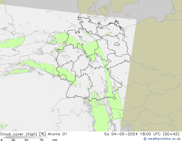 Cloud cover (high) Arome 01 Sa 04.05.2024 18 UTC