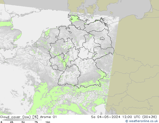 Bewolking (Laag) Arome 01 za 04.05.2024 12 UTC