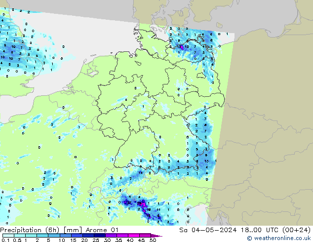 降水量 (6h) Arome 01 星期六 04.05.2024 00 UTC