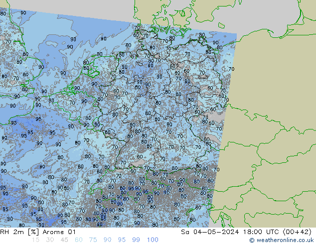 Humidité rel. 2m Arome 01 sam 04.05.2024 18 UTC