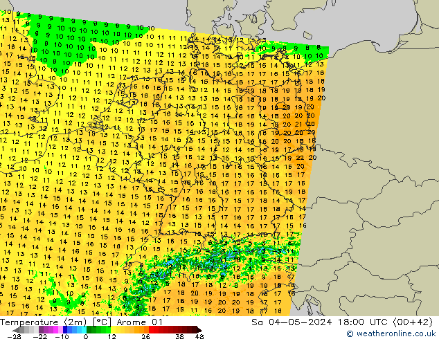 Temperatuurkaart (2m) Arome 01 za 04.05.2024 18 UTC