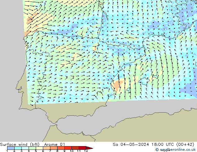 Wind 10 m (bft) Arome 01 za 04.05.2024 18 UTC