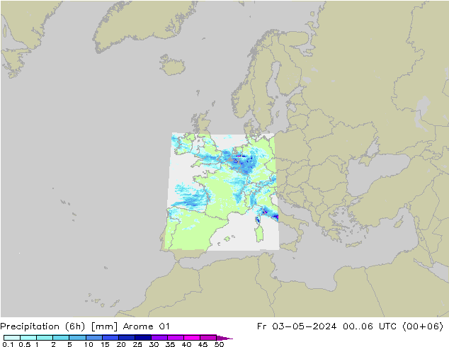 Precipitación (6h) Arome 01 vie 03.05.2024 06 UTC