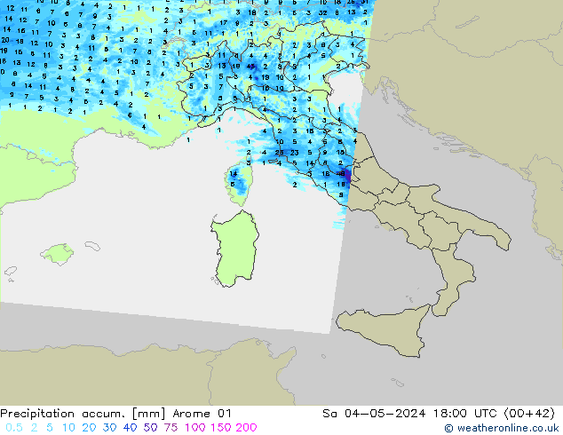 Precipitation accum. Arome 01 Sáb 04.05.2024 18 UTC