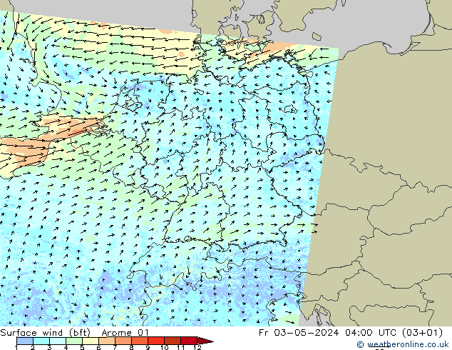 Wind 10 m (bft) Arome 01 vr 03.05.2024 04 UTC