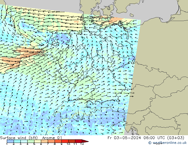 �N 10 米 (bft) Arome 01 星期五 03.05.2024 06 UTC