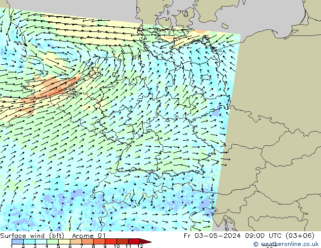 Rüzgar 10 m (bft) Arome 01 Cu 03.05.2024 09 UTC
