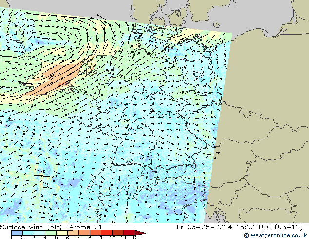Wind 10 m (bft) Arome 01 vr 03.05.2024 15 UTC