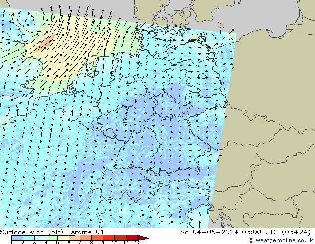 Surface wind (bft) Arome 01 So 04.05.2024 03 UTC