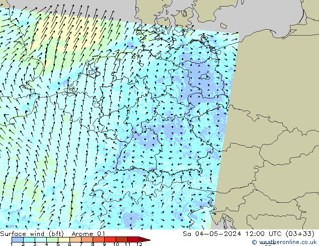 Wind 10 m (bft) Arome 01 za 04.05.2024 12 UTC
