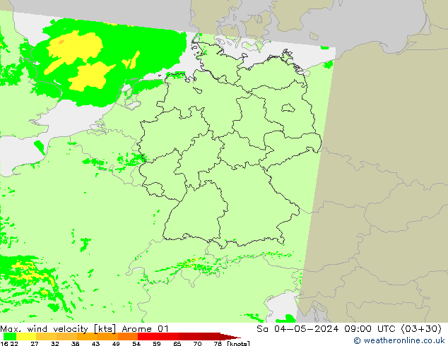 Max. wind velocity Arome 01  04.05.2024 09 UTC