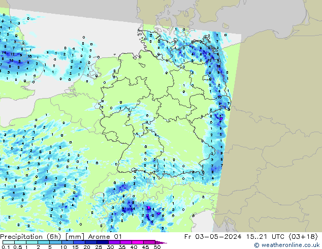 Precipitazione (6h) Arome 01 ven 03.05.2024 21 UTC