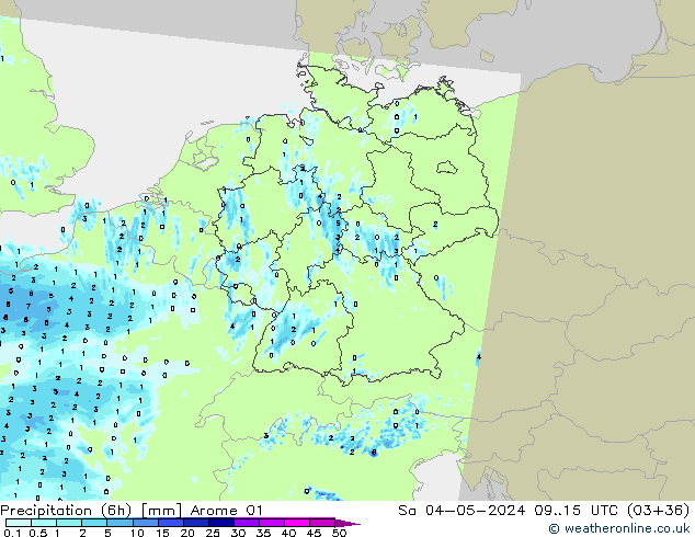 Precipitation (6h) Arome 01 Sa 04.05.2024 15 UTC
