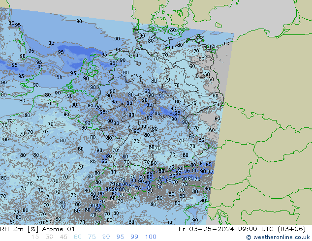 Humedad rel. 2m Arome 01 vie 03.05.2024 09 UTC