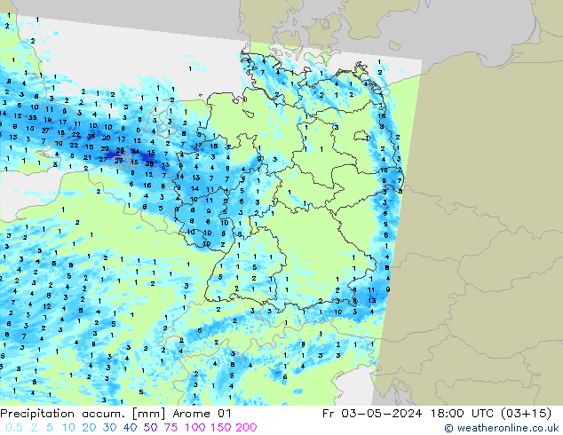 Precipitation accum. Arome 01 Fr 03.05.2024 18 UTC