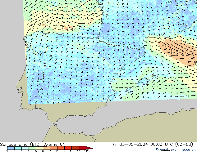 Surface wind (bft) Arome 01 Fr 03.05.2024 06 UTC