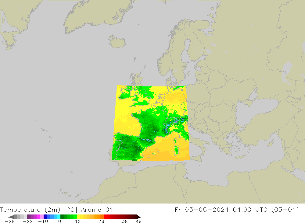 Sıcaklık Haritası (2m) Arome 01 Cu 03.05.2024 04 UTC