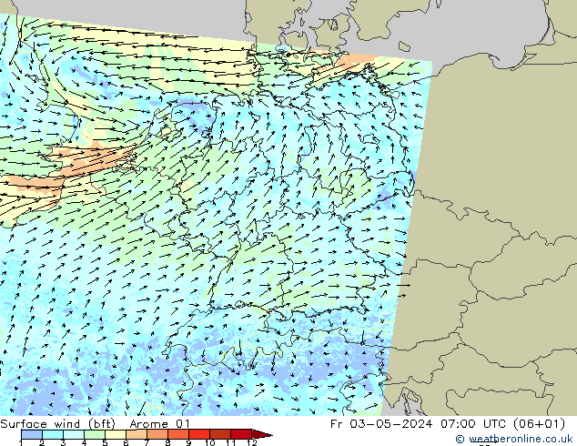 Wind 10 m (bft) Arome 01 vr 03.05.2024 07 UTC