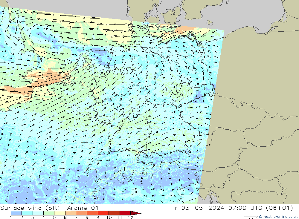 Surface wind (bft) Arome 01 Fr 03.05.2024 07 UTC