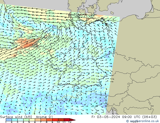 Wind 10 m (bft) Arome 01 vr 03.05.2024 09 UTC