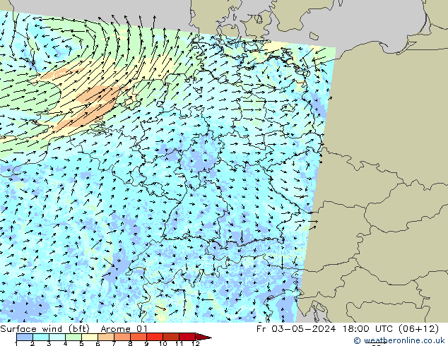 Surface wind (bft) Arome 01 Pá 03.05.2024 18 UTC