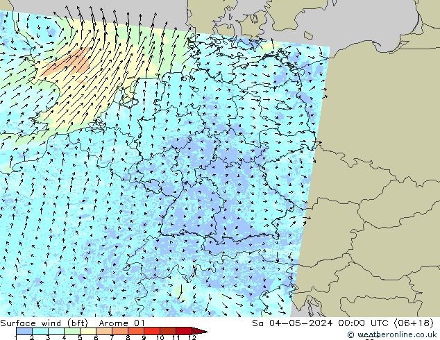Wind 10 m (bft) Arome 01 za 04.05.2024 00 UTC