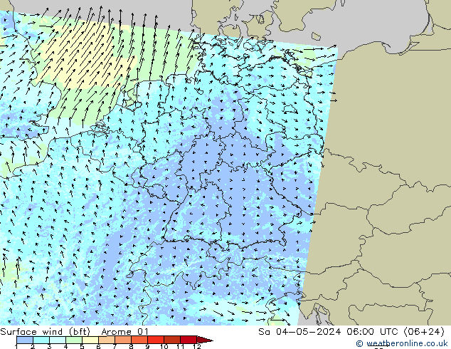 wiatr 10 m (bft) Arome 01 so. 04.05.2024 06 UTC