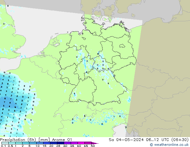 Totale neerslag (6h) Arome 01 za 04.05.2024 12 UTC