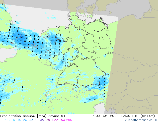 Precipitation accum. Arome 01 星期五 03.05.2024 12 UTC