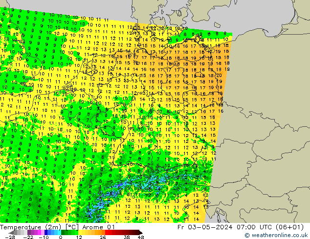 Temperatuurkaart (2m) Arome 01 vr 03.05.2024 07 UTC