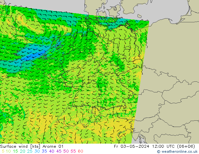 Surface wind Arome 01 Pá 03.05.2024 12 UTC