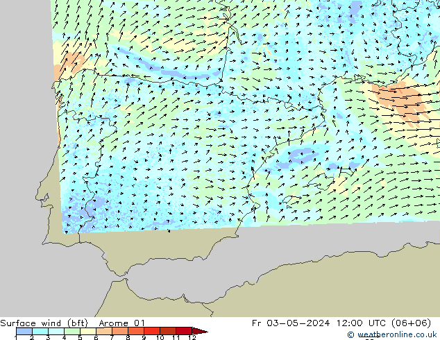 Bodenwind (bft) Arome 01 Fr 03.05.2024 12 UTC