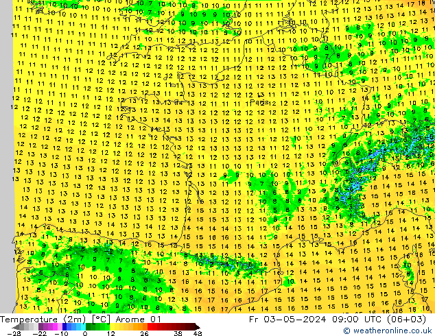 Temperatura (2m) Arome 01 Sex 03.05.2024 09 UTC