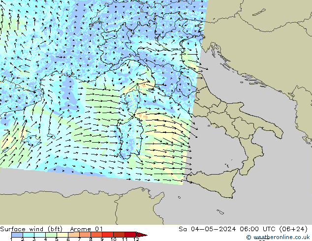 Vento 10 m (bft) Arome 01 Sáb 04.05.2024 06 UTC