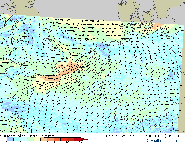 Viento 10 m (bft) Arome 01 vie 03.05.2024 07 UTC