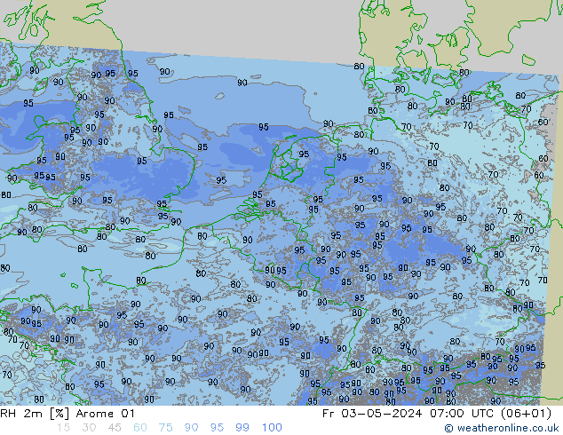 RH 2m Arome 01 Pá 03.05.2024 07 UTC