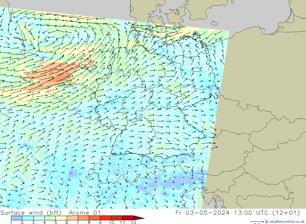 wiatr 10 m (bft) Arome 01 pt. 03.05.2024 13 UTC